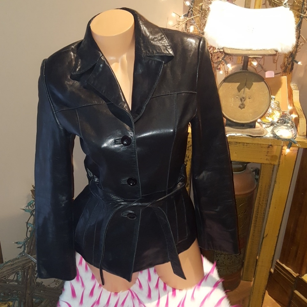 Bebe genuine leather coat with belt S